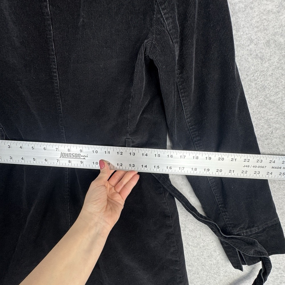 Stradivarius Black Corduroy Trench Coat Belted Goth Academia L VTG Button Up - Picture 15 of 16